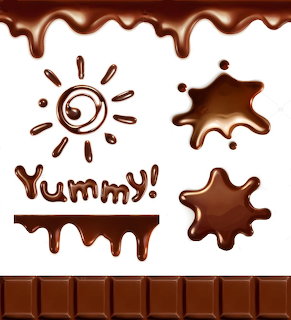 Chocolate drips, splashes, sun drawing and Yummy text with chocolate bar