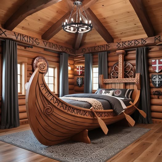 Bedroom featuring a large Viking ship-shaped wooden bed in a log cabin interior with vaulted ceiling