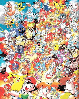 Dense collage of numerous Pokémon characters including Pikachu, Charizard, and trainers in a vibrant, crowded arrangement
