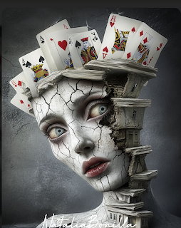 Surreal cracked white female face with playing cards emerging from the top of the head