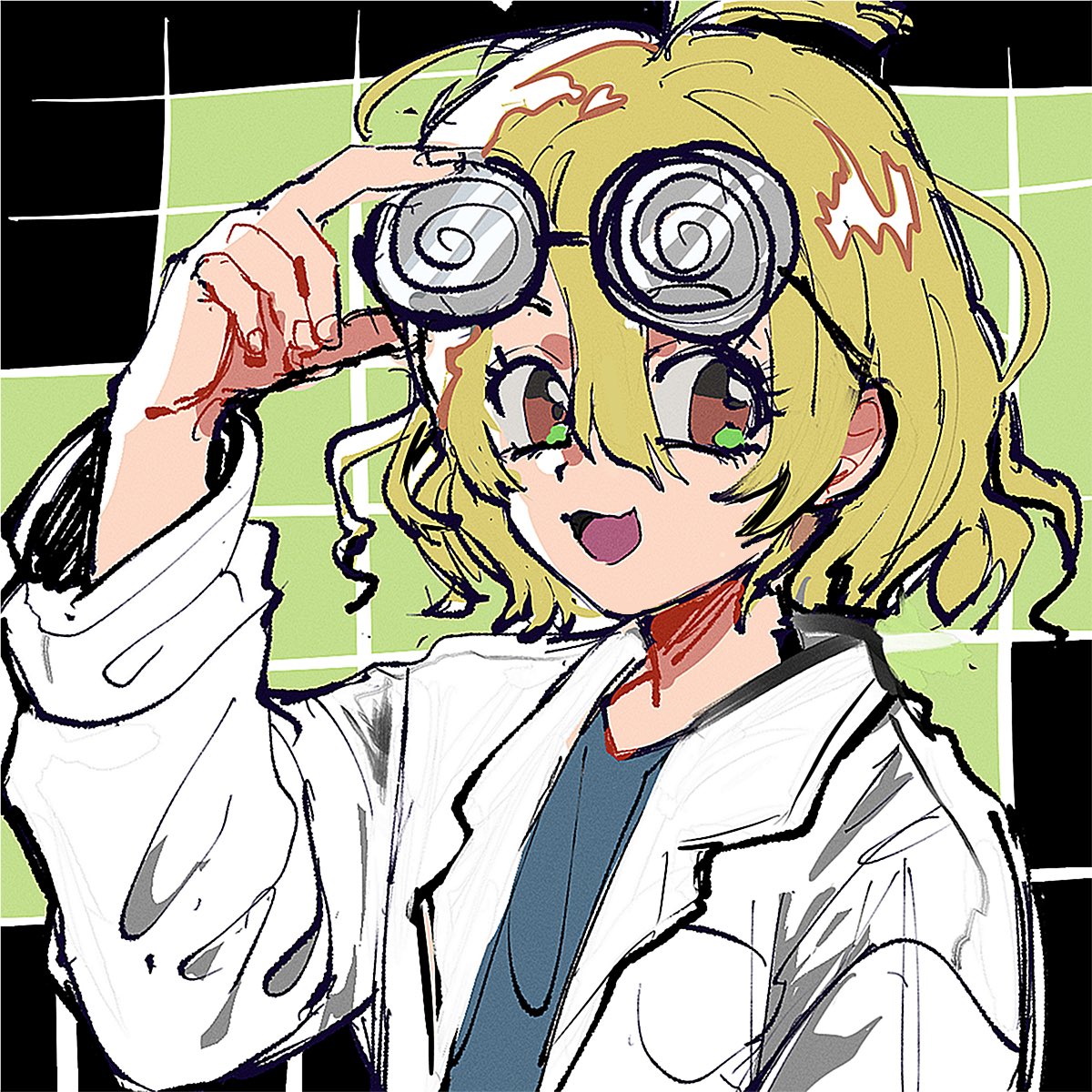 Anime girl with blonde hair holding oversized goggles, wearing white lab coat on checkered background