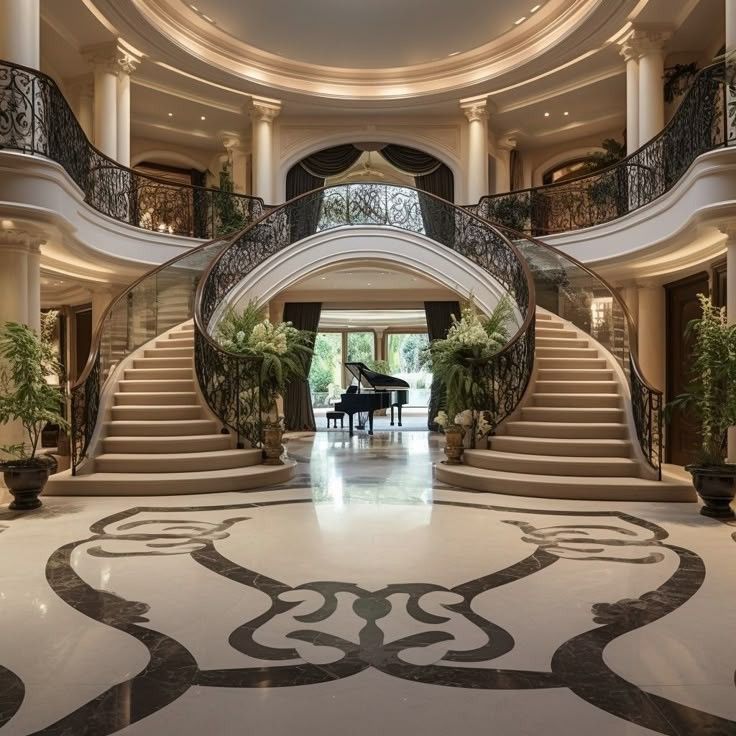 Grand dual marble staircase curving upward in elegant foyer with ornate floor pattern and plants