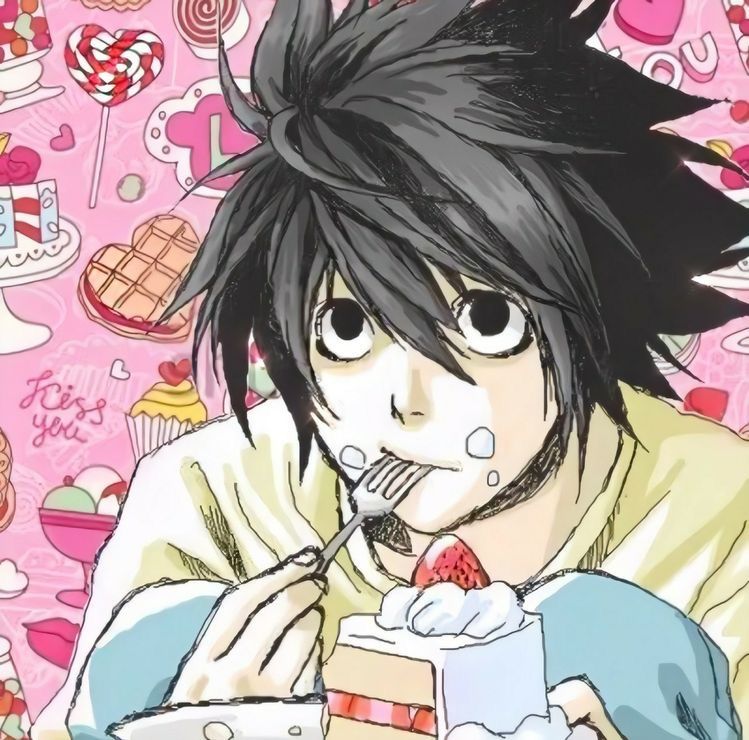 Anime boy with messy black hair eating strawberry cake, surrounded by pink sweets and desserts