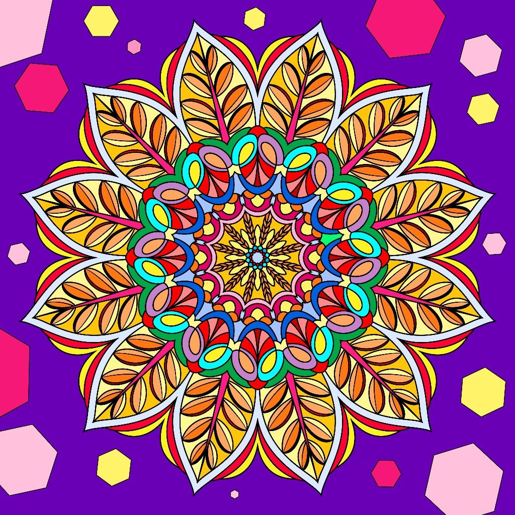 Ornate mandala with golden petals radiating from center on purple background with scattered colored hexagons