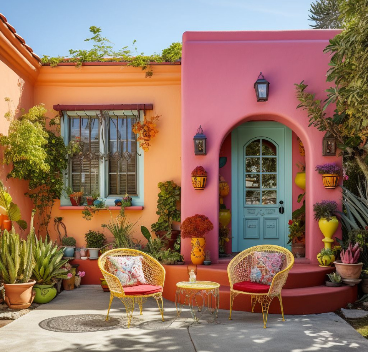 Bright Mexican-style patio with pink and orange walls, blue door, lanterns, wicker chairs, and lush greenery