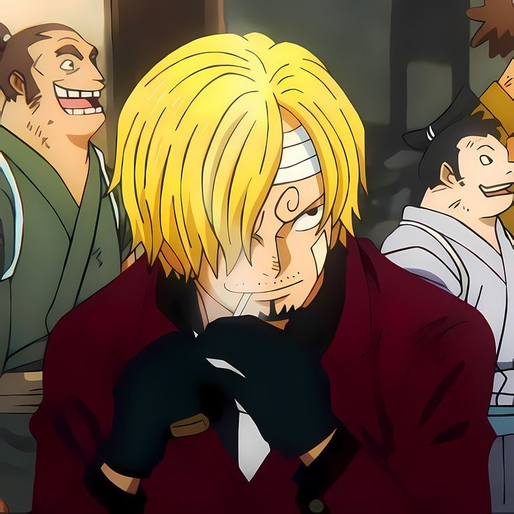 Anime character with blonde hair covering one eye, wearing black suit and tie, smiling with background characters