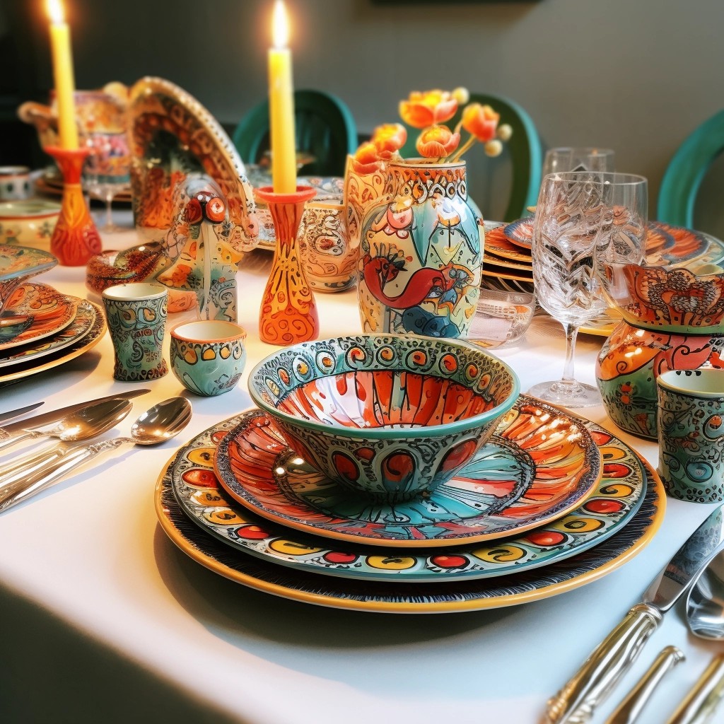Formal dining table with colorful hand-painted southwestern ceramic dinnerware, candles, and wine glasses