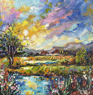 Impressionist painting of countryside with pond, farmhouse, and colorful flowers under dramatic sky