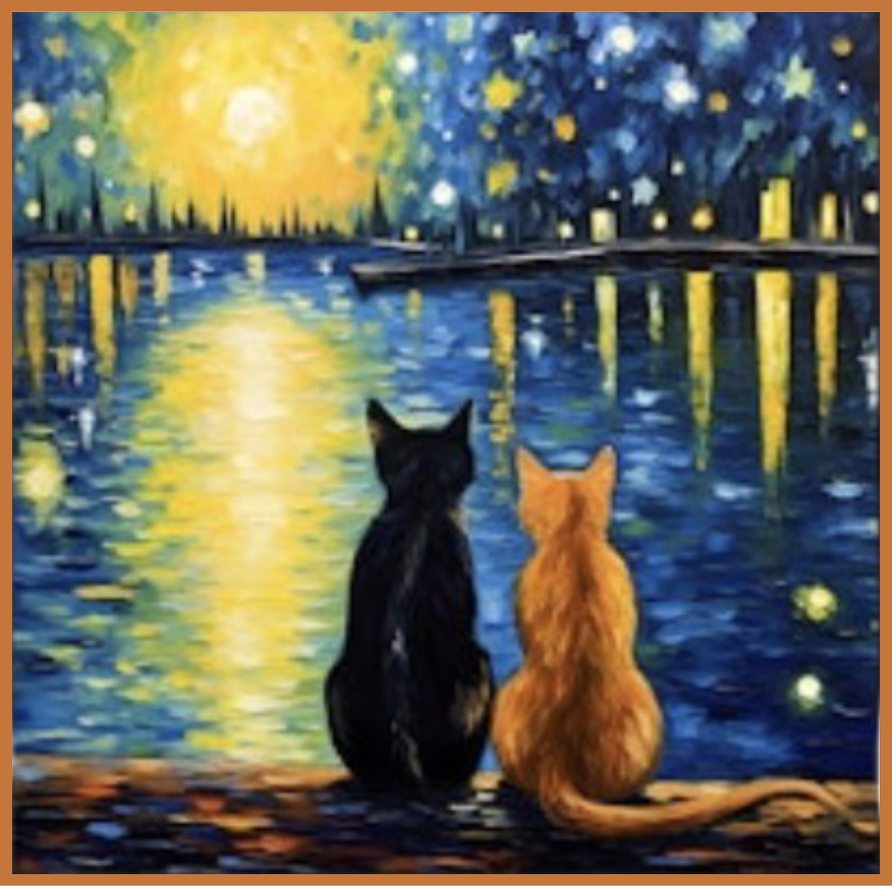 Two Cats Moonlit Lake