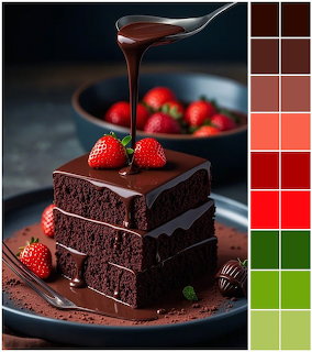 Slice of chocolate layer cake with ganache and strawberries on a plate