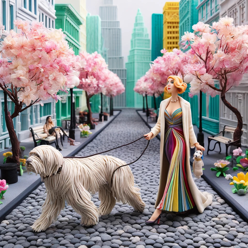 Woman in striped dress walking large fluffy dog on city street with pink cherry blossoms and colorful buildings