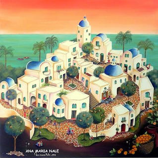Painting of a clustered white village with blue-domed buildings, palm trees, and an orange sunset sky