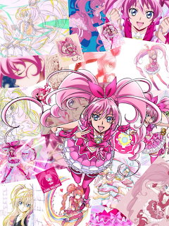 Anime collage of Cure Melody from Suite PreCure with pink hair in various poses and outfits