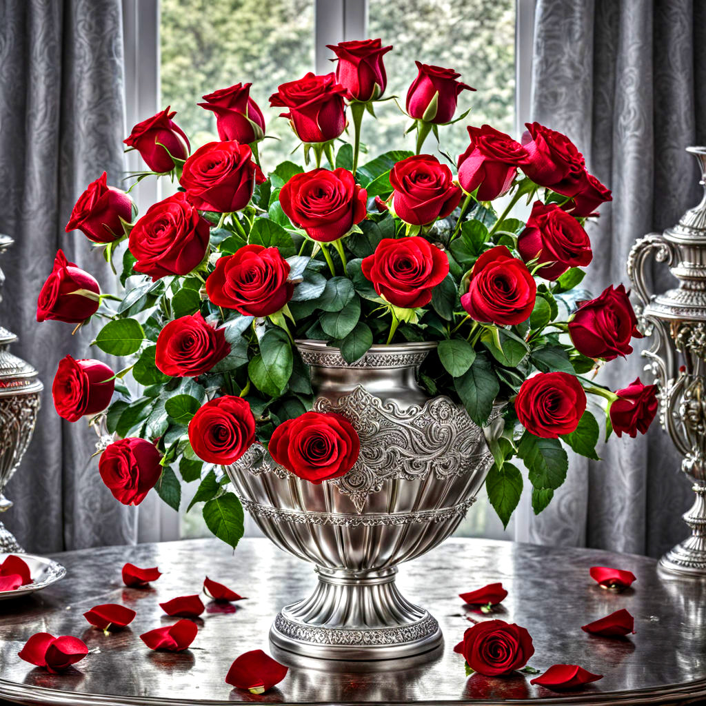Large bouquet of red roses in decorative silver urn with gray curtains background