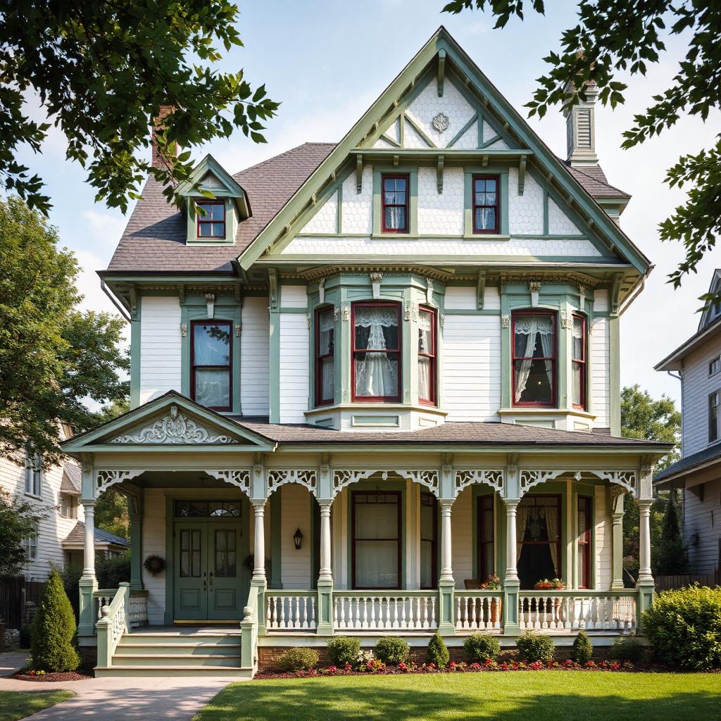 White Victorian house with ornate trim and wraparound porch framed by trees