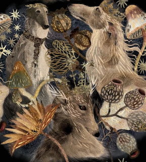 Textured illustration of deer and birds with seed pods on a dark starry background