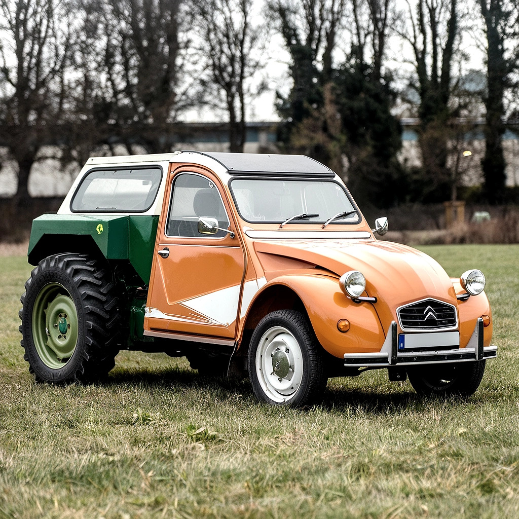 Orange Citroen 2CV with large tractor wheels and green rear compartment on grass field