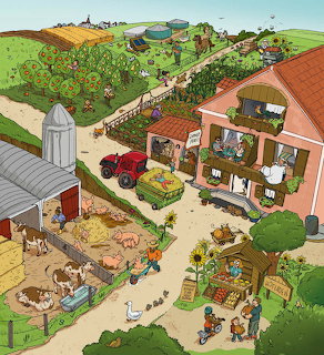 Illustrated overhead view of bustling farm courtyard with farmhouse, animals, crops, people working, and countryside backdrop