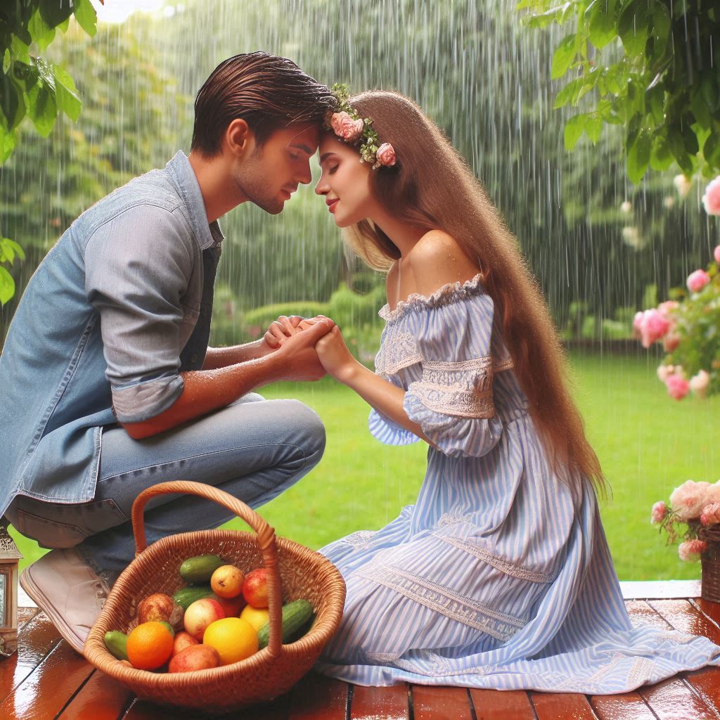 Couple holding hands on picnic blanket in rain with fruit basket and flowers in garden background