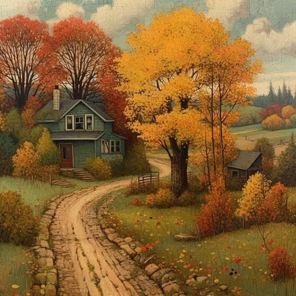 Painting of a cottage by a winding path with golden autumn trees and a rural countryside view