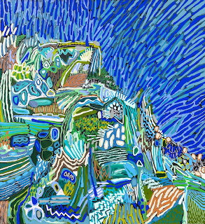 Abstract painting with dramatic blue swirling sky over colorful textured landscape with expressive brushwork