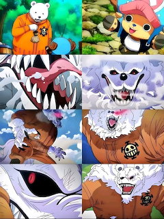 Collage of Bepo the white bear character from One Piece in multiple animated scenes