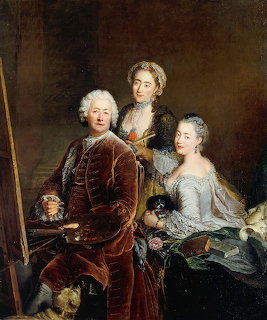 18th-century oil painting of a man in velvet coat with two young women and a small dog