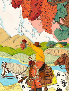 Illustration of a cowboy on horseback herding cattle in a vineyard landscape beneath large grapes