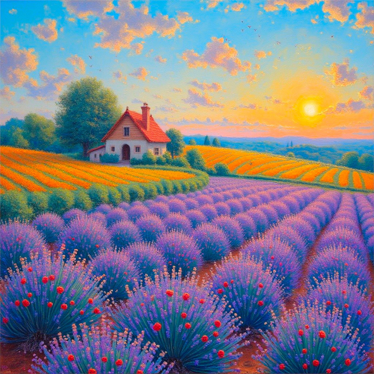 Impressionist painting of lavender field with farmhouse at sunset
