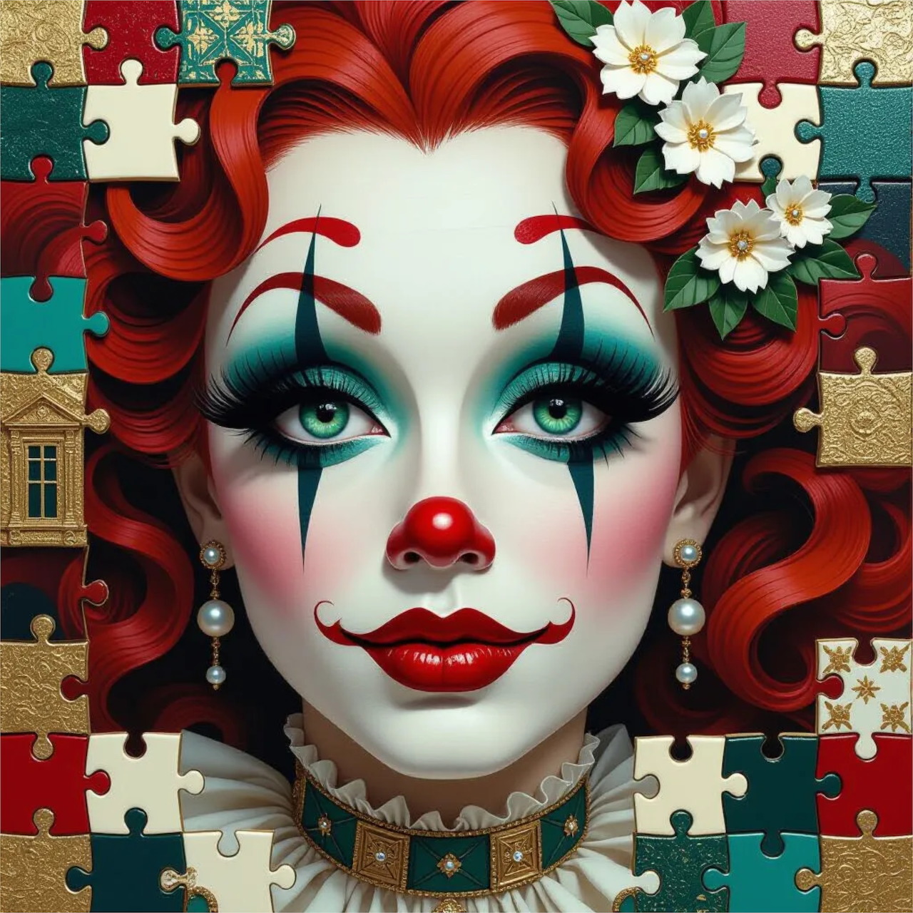 Illustrated red-haired clown woman with dramatic makeup, flowers, and puzzle pieces