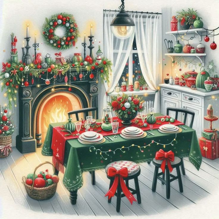 Illustrated Christmas dining room with a holiday table, fireplace, wreath, and festive decorations