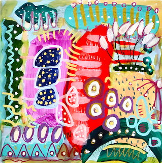 Colorful abstract painting with geometric patterns, circles, and decorative symbols in vivid hues