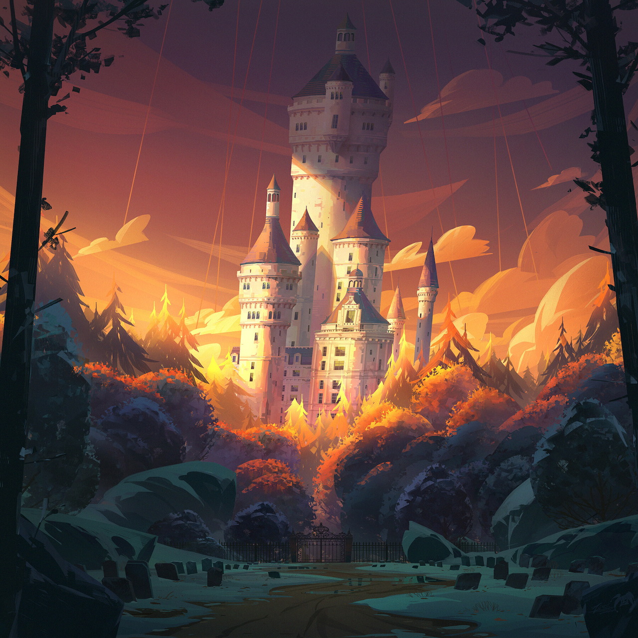 Illustration of a fantasy castle with tall spires and turrets on a hill