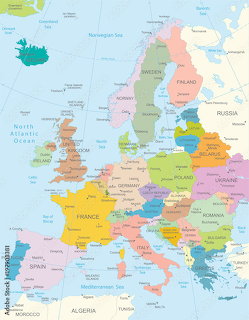 Colorful political map of Europe with labeled countries and surrounding seas