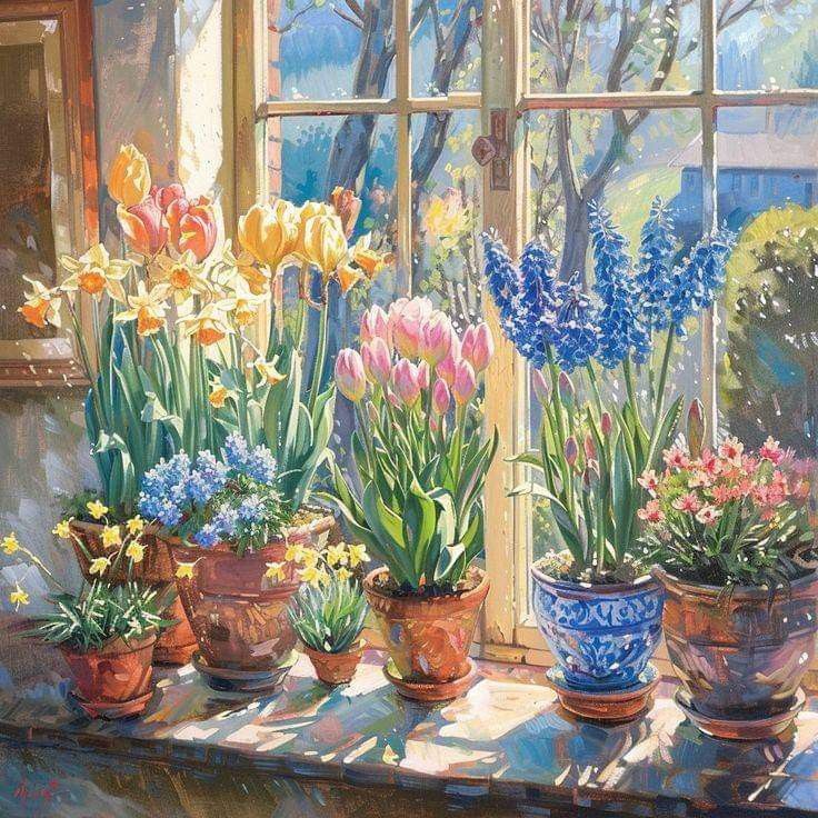 Painting of colorful poted spring flowers on a sunlit windowsill with trees visible through the window