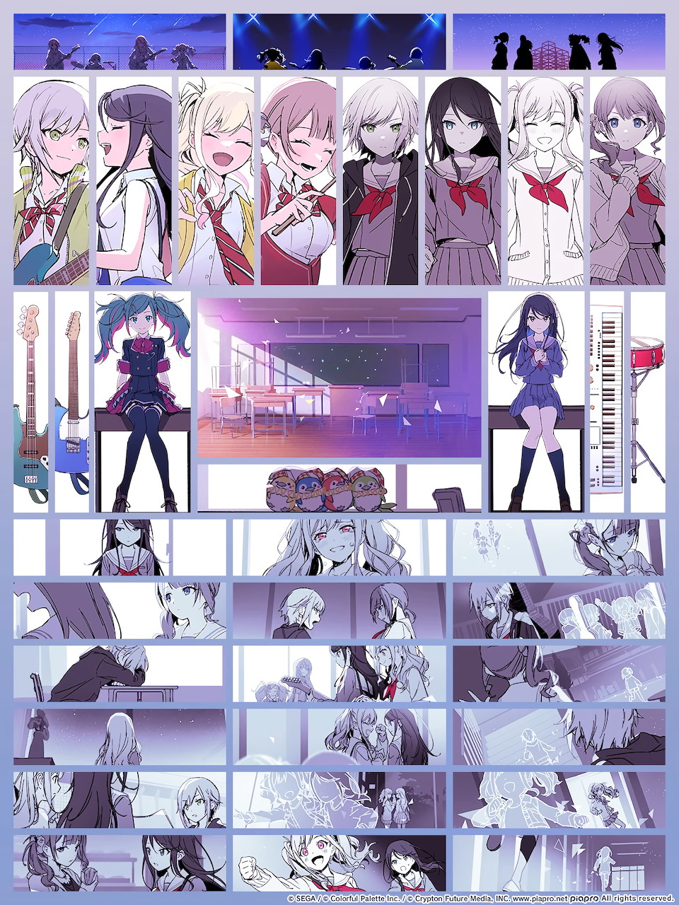 Grid collage of Project Sekai anime characters from the needLe music video, showing various scenes and poses.