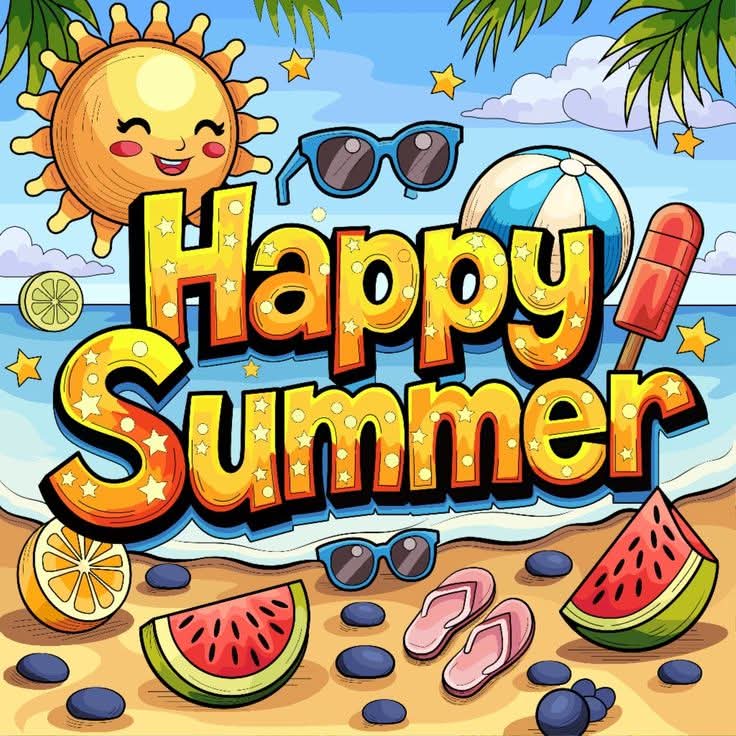Bright summer cartoon with happy sun, watermelon slices, ice cream, flip-flops and Happy Summer text on beach