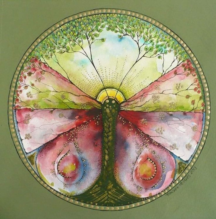 Circular mandala with symmetrical butterfly and tree branches in watercolor on sage green background