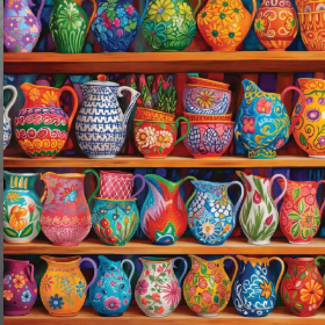 Shelves of colorful hand-painted ceramic pitchers and bowls with intricate floral patterns