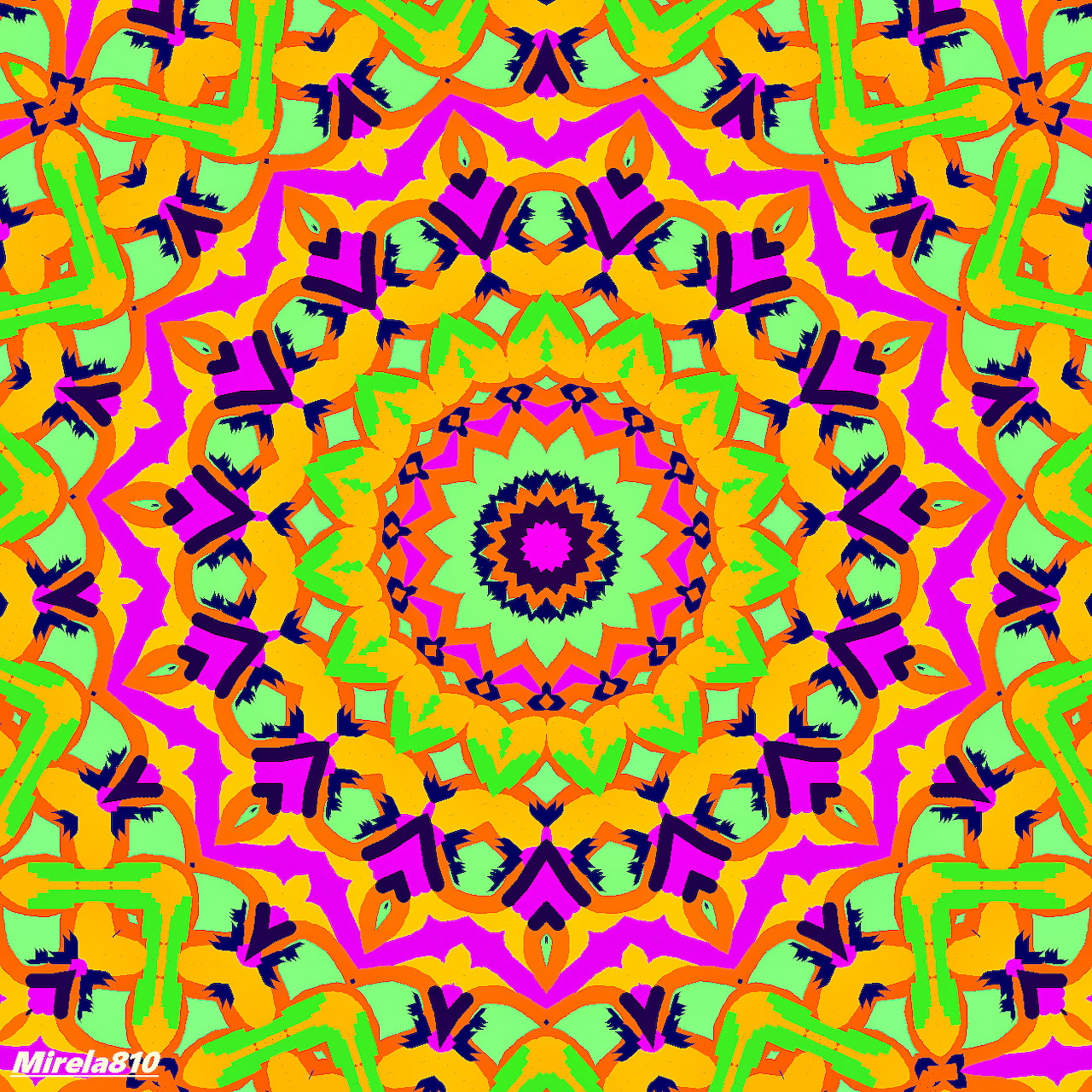 Colorful symmetrical mandala with neon geometric patterns radiating from the center