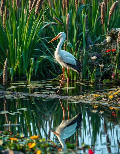 White heron standing in shallow water among reeds with yellow flowers and reflection