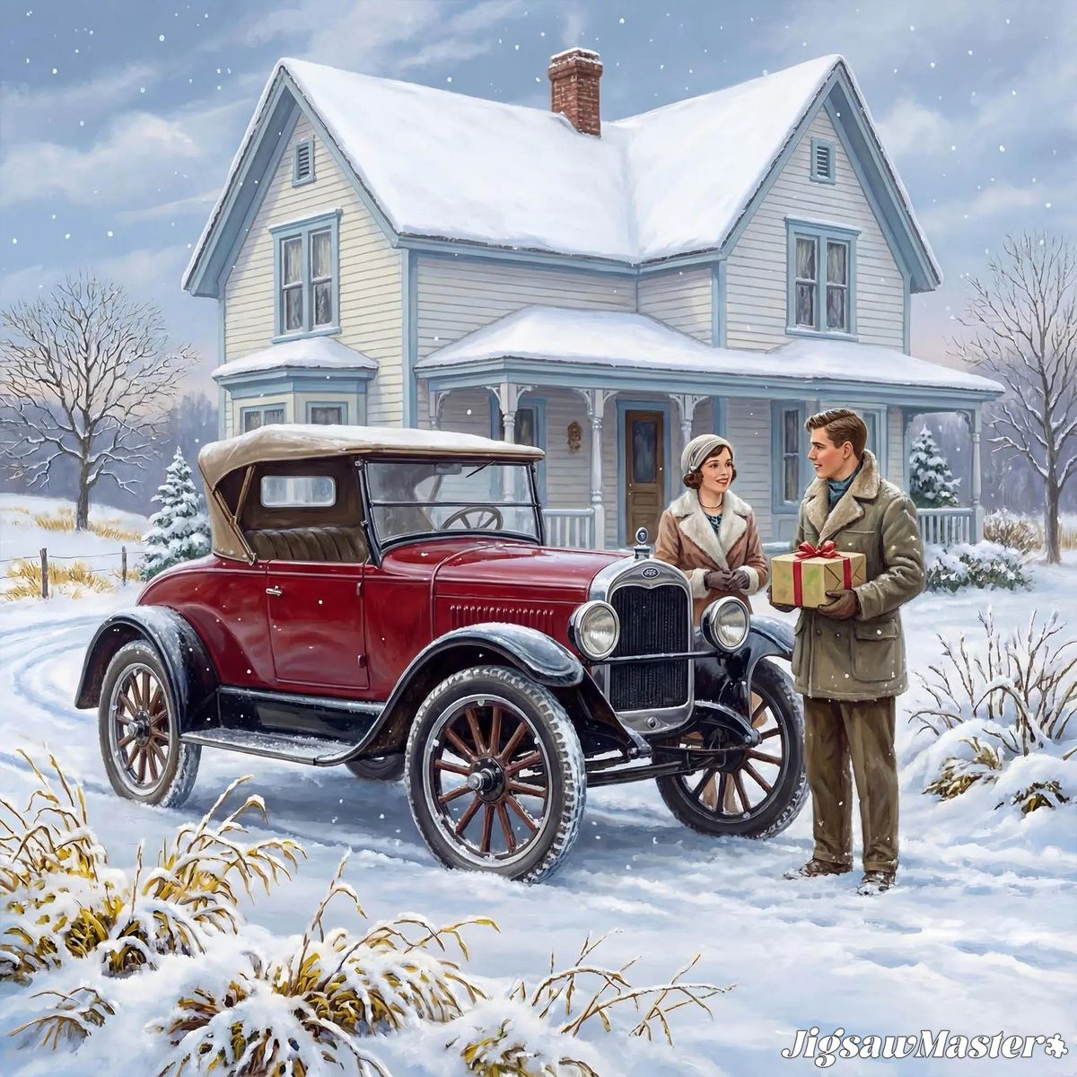 Vintage red car and couple in winter snow scene with Victorian house