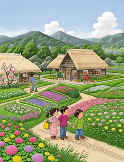 Illustration of countryside farm with colorful flower gardens, thatched roof houses, and farmers working among blooming flowers