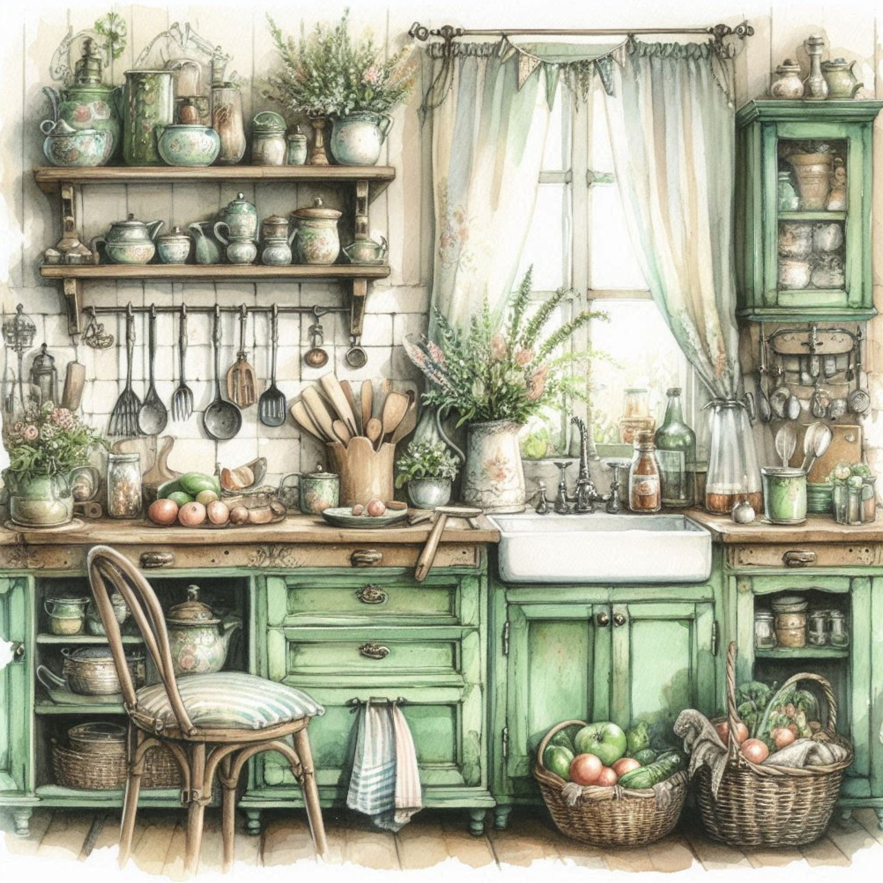 Watercolor illustration of cozy country kitchen with green cabinets, open shelves, farmhouse sink and rustic decor