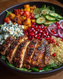 Colorful grain bowl with grilled chicken, quinoa, vegetables, pomegranate, and feta cheese