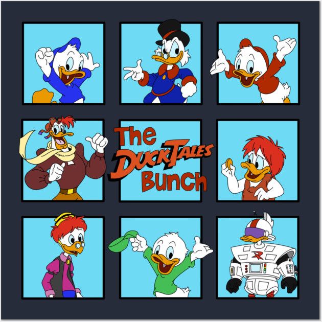 Nine-panel grid of DuckTales characters posed like The Brady Bunch intro against blue backgrounds