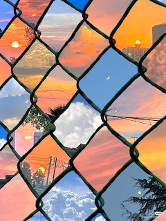 Diamond-patterned mosaic of colorful sunset sky photos with dark geometric frames