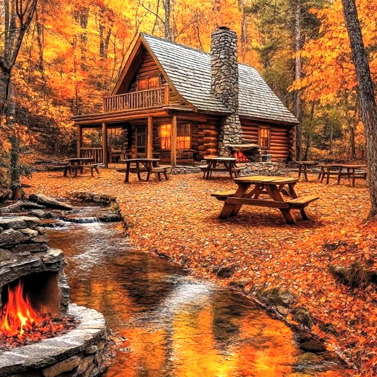 Log cabin in an autumn forest beside a stream, with picnic tables and a campfire