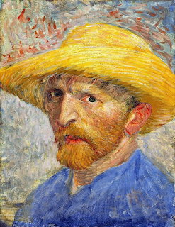 Post-impressionist painting of bearded man in yellow straw hat and blue clothing with expressive brushstrokes