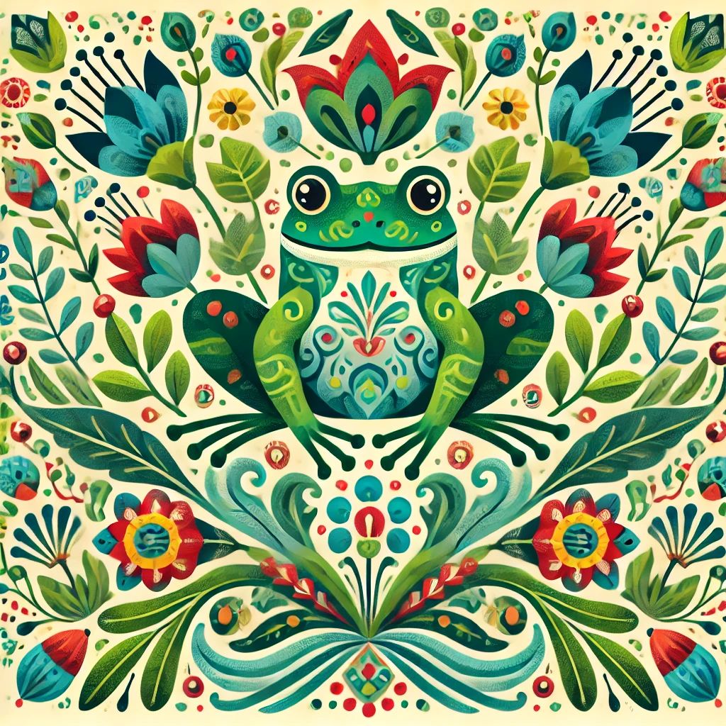 Stylized green frog centered in symmetrical folk art pattern with colorful flowers and leaves
